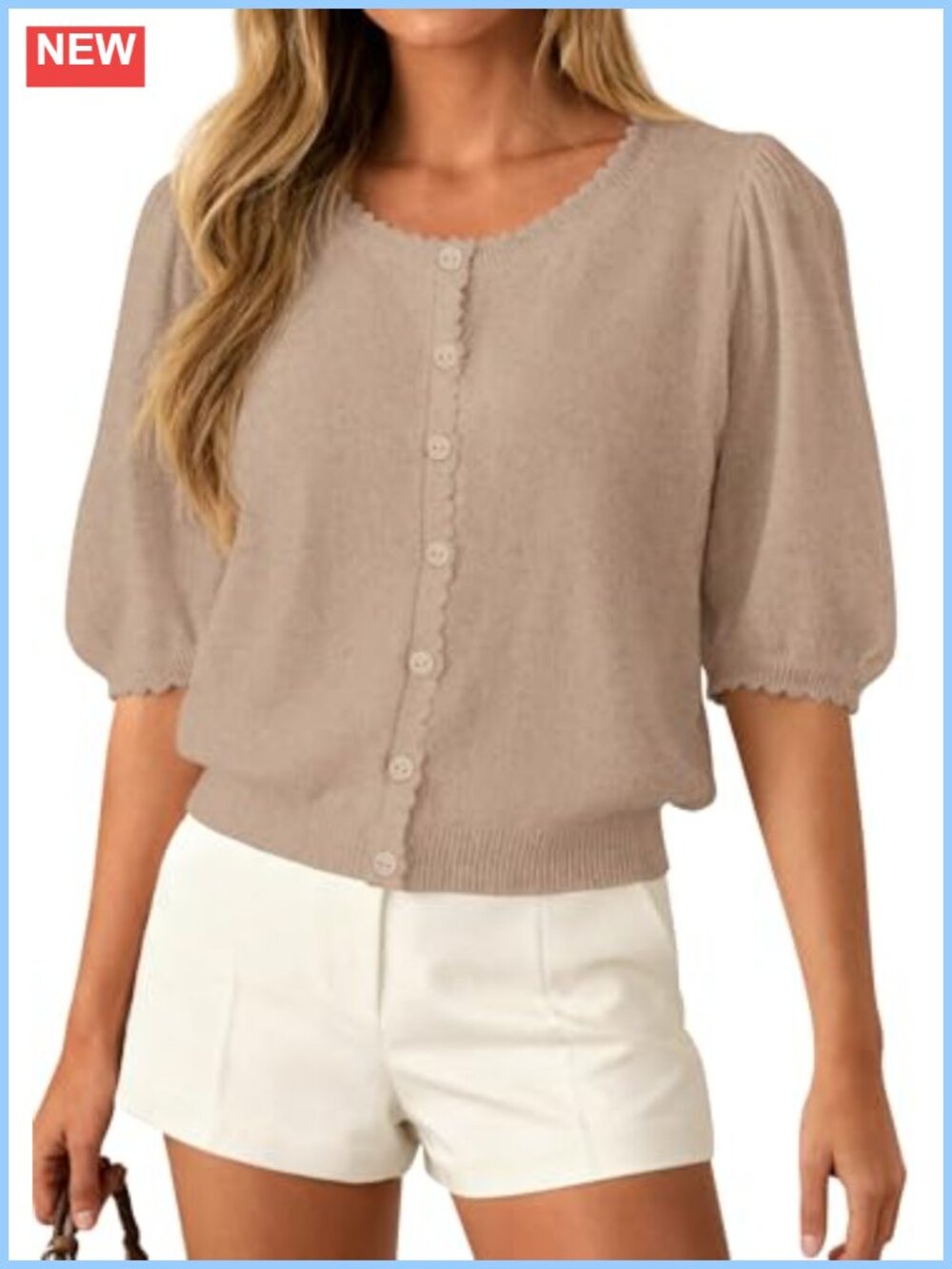 Women Short Sleeve Puff Sleeve Knit Cardigan Scalloped Edge Button Front